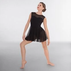 1st Position Mesh Panel Sweetheart Neck Skirted Leotard -Cheap Fit Dance Wear Store black fd015 front 2