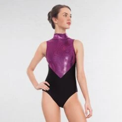 1st Position Lynn Two Tone Hologram High Neck Keyhole Leotard -Cheap Fit Dance Wear Store black magenta q36 bm 3 1