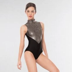 1st Position Lynn Two Tone Hologram High Neck Keyhole Leotard -Cheap Fit Dance Wear Store black silver q36 bs 1 1