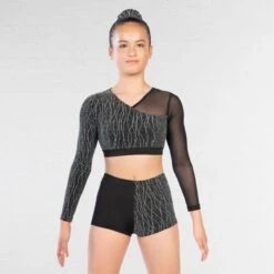 1st Position Asymmetrical Lurex And Mesh Panelled Crop Top And Shorts