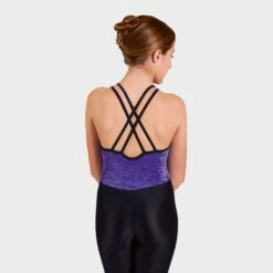 1st Position Elaine Velour Camisole Strap Catsuit -Cheap Fit Dance Wear Store delphinium black q71 purple back 1