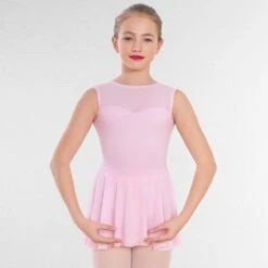 1st Position Mesh Panel Sweetheart Neck Skirted Leotard -Cheap Fit Dance Wear Store fd015 pink b