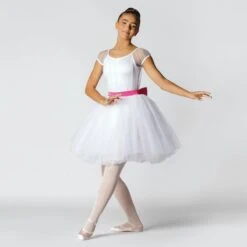 1st Position Scoop Neck Net Overlay Romantic Tutu With Contrasting Bow Trim -Cheap Fit Dance Wear Store fpc23042 whiteneonpink 2