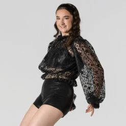 1st Position Three Piece Gathered Lace Top With Shorts And Crop Top