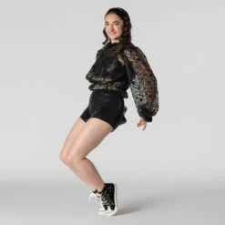 1st Position Three Piece Gathered Lace Top With Shorts And Crop Top -Cheap Fit Dance Wear Store fpc23048 black 3